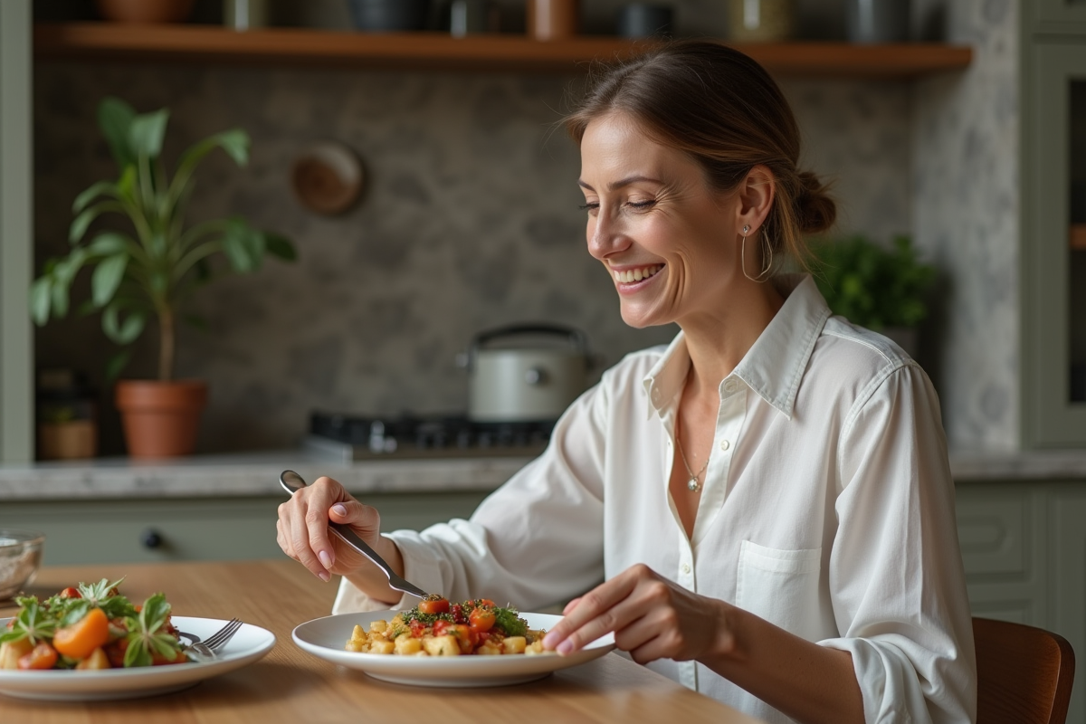 Femme élégante en cuisine avec repas équilibré