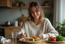 Femme souriante préparant un repas sain dans une cuisine chaleureuse