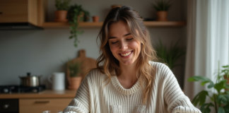 Femme souriante préparant un repas sain dans une cuisine chaleureuse