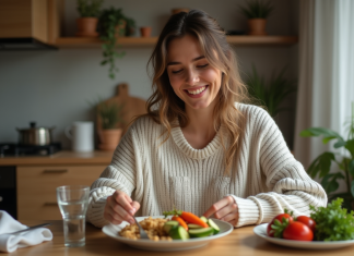 Menus minceur soir : idées pour maigrir sans frustration Femme souriante préparant un repas sain dans une cuisine chaleureuse