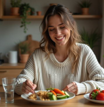 Menus minceur soir : idées pour maigrir sans frustration Femme souriante préparant un repas sain dans une cuisine chaleureuse