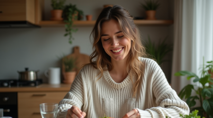 Menus minceur soir : idées pour maigrir sans frustration Femme souriante préparant un repas sain dans une cuisine chaleureuse