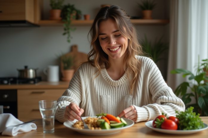 Femme souriante préparant un repas sain dans une cuisine chaleureuse