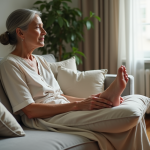 Gonflure jambes et pieds: astuces pour soulager et dégonfler naturellement Femme d'environ 50 ans relaxant ses pieds sur un coussin dans un salon naturel