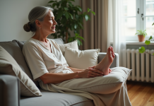 Gonflure jambes et pieds: astuces pour soulager et dégonfler naturellement Femme d'environ 50 ans relaxant ses pieds sur un coussin dans un salon naturel