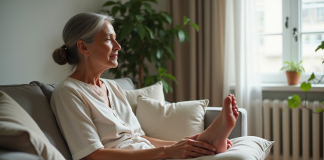 Gonflure jambes et pieds: astuces pour soulager et dégonfler naturellement Femme d'environ 50 ans relaxant ses pieds sur un coussin dans un salon naturel
