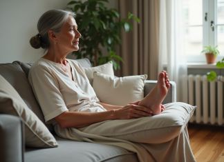 Gonflure jambes et pieds: astuces pour soulager et dégonfler naturellement Femme d'environ 50 ans relaxant ses pieds sur un coussin dans un salon naturel