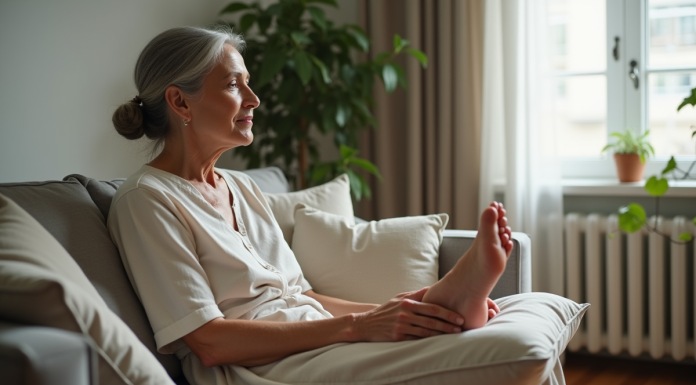 Gonflure jambes et pieds: astuces pour soulager et dégonfler naturellement Femme d'environ 50 ans relaxant ses pieds sur un coussin dans un salon naturel