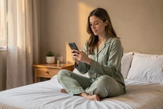 Femme en pyjama consultant un simulateur de temps de sommeil sur son smartphone avant de dormir