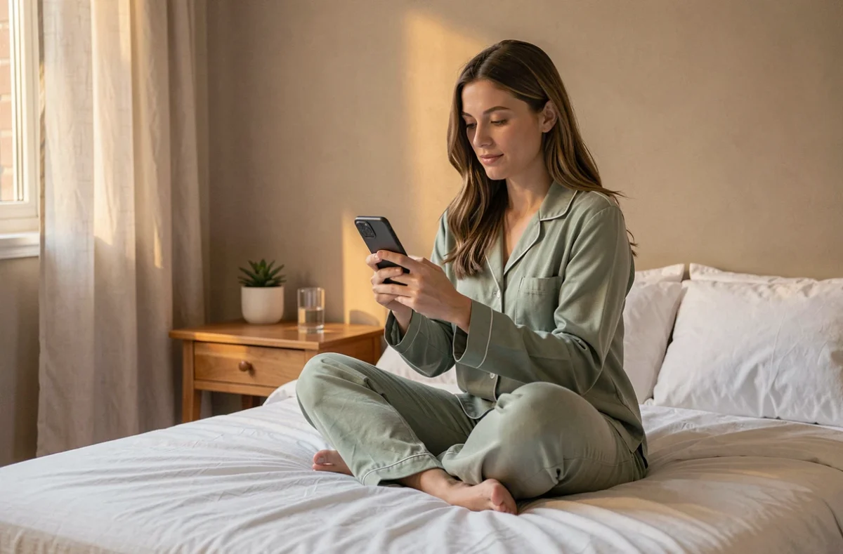 Femme en pyjama consultant un simulateur de temps de sommeil sur son smartphone avant de dormir