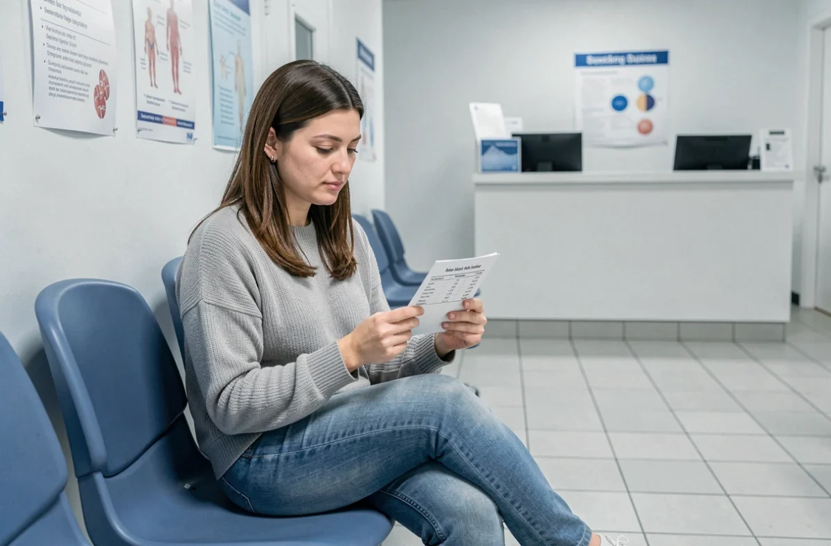 Femme adulte en salle d'attente d'un laboratoire d'analyses médicales consultant ses résultats de Gamma GT