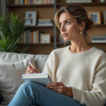 Femme pensant dans son salon avec un carnet