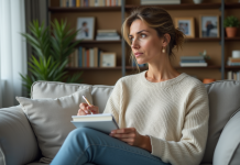 Femme pensant dans son salon avec un carnet