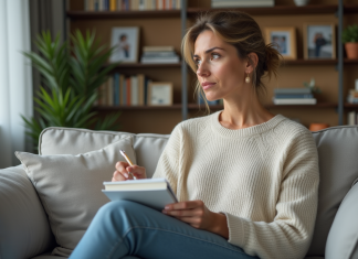 Femme pensant dans son salon avec un carnet
