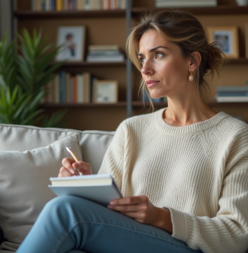 Dépendance : Niveaux et critères d’évaluation pour mieux comprendre Femme pensant dans son salon avec un carnet