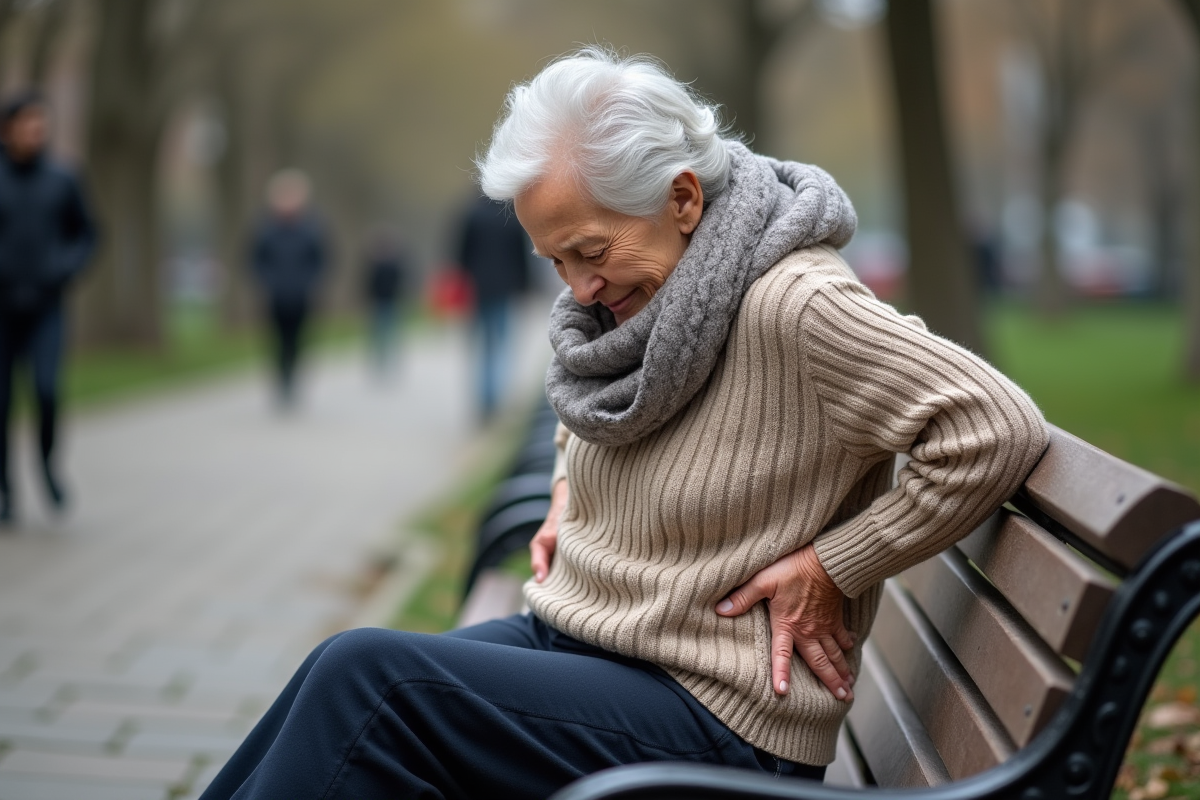 Femme âgée assise sur un banc de parc
