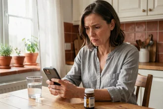 Femme consultant son smartphone sur des conseils santé en ligne à table, avec une bouteille de compléments alimentaires