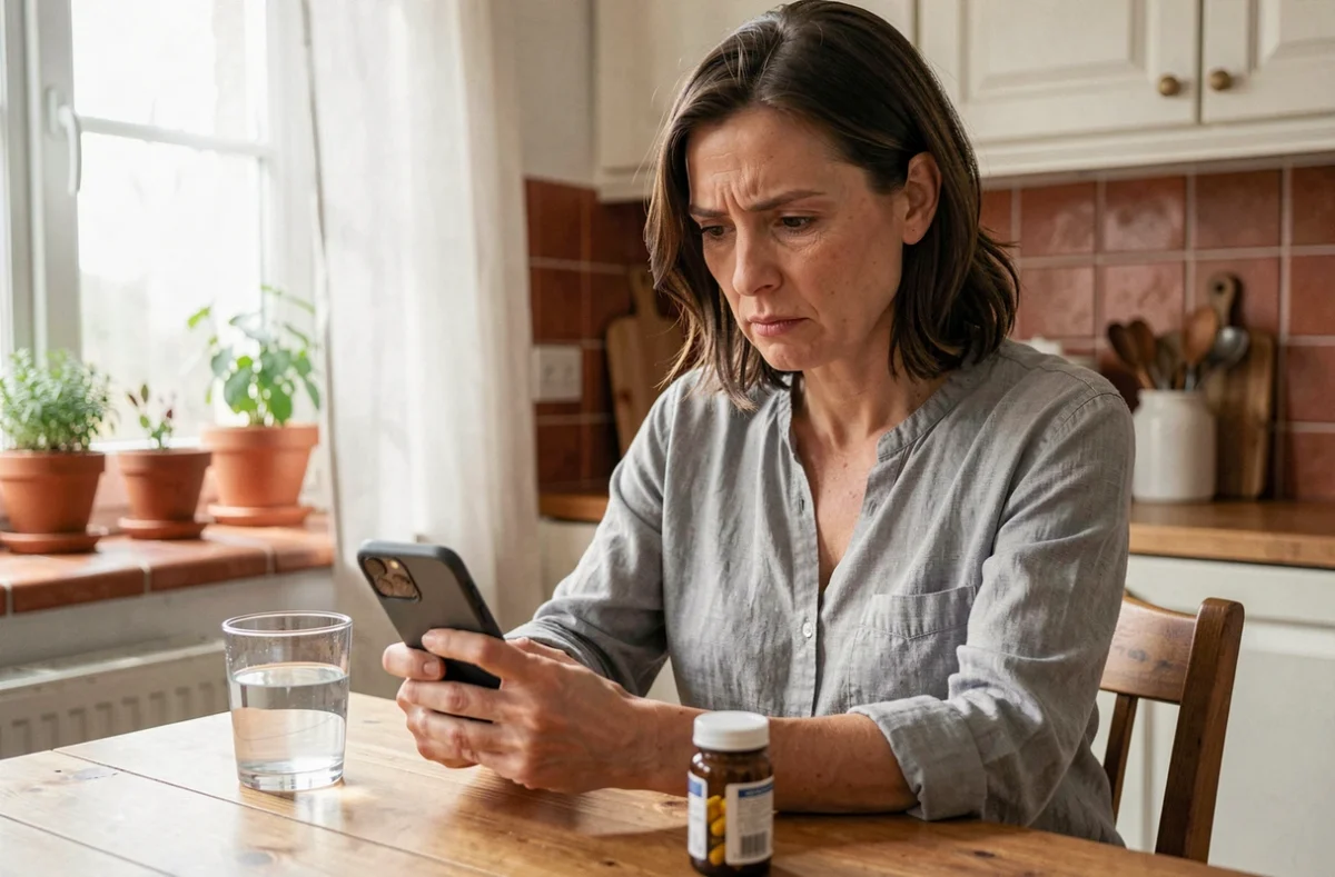Femme consultant son smartphone sur des conseils santé en ligne à table, avec une bouteille de compléments alimentaires
