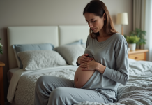 Femme d'âge moyen se tenant le ventre avec inquiétude