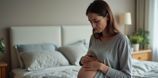 Femme d'âge moyen se tenant le ventre avec inquiétude