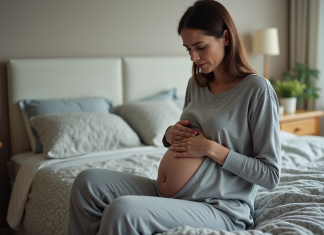 Femme d'âge moyen se tenant le ventre avec inquiétude