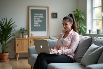 Femme en tenue de sport souriante dans un salon lumineux