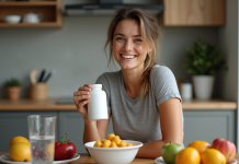 Supplément pour éliminer la graisse du ventre : nos conseils efficaces ! Femme sportive tenant un complément alimentaire naturel