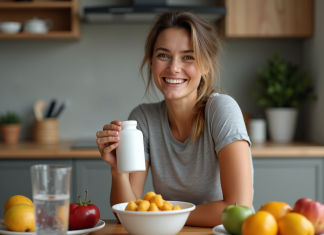 Supplément pour éliminer la graisse du ventre : nos conseils efficaces ! Femme sportive tenant un complément alimentaire naturel