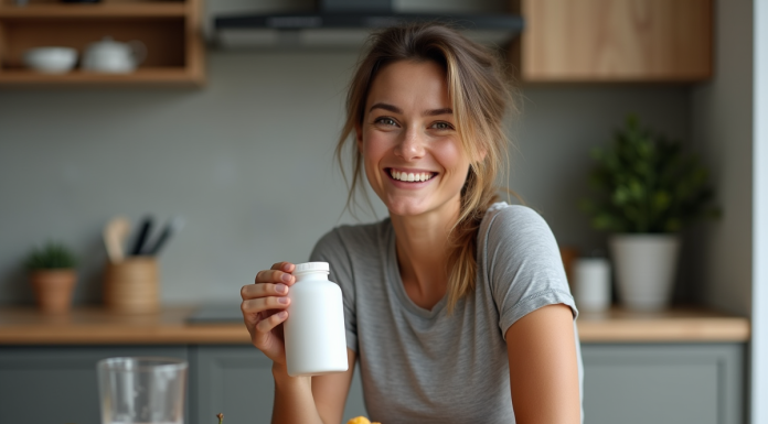 Supplément pour éliminer la graisse du ventre : nos conseils efficaces ! Femme sportive tenant un complément alimentaire naturel
