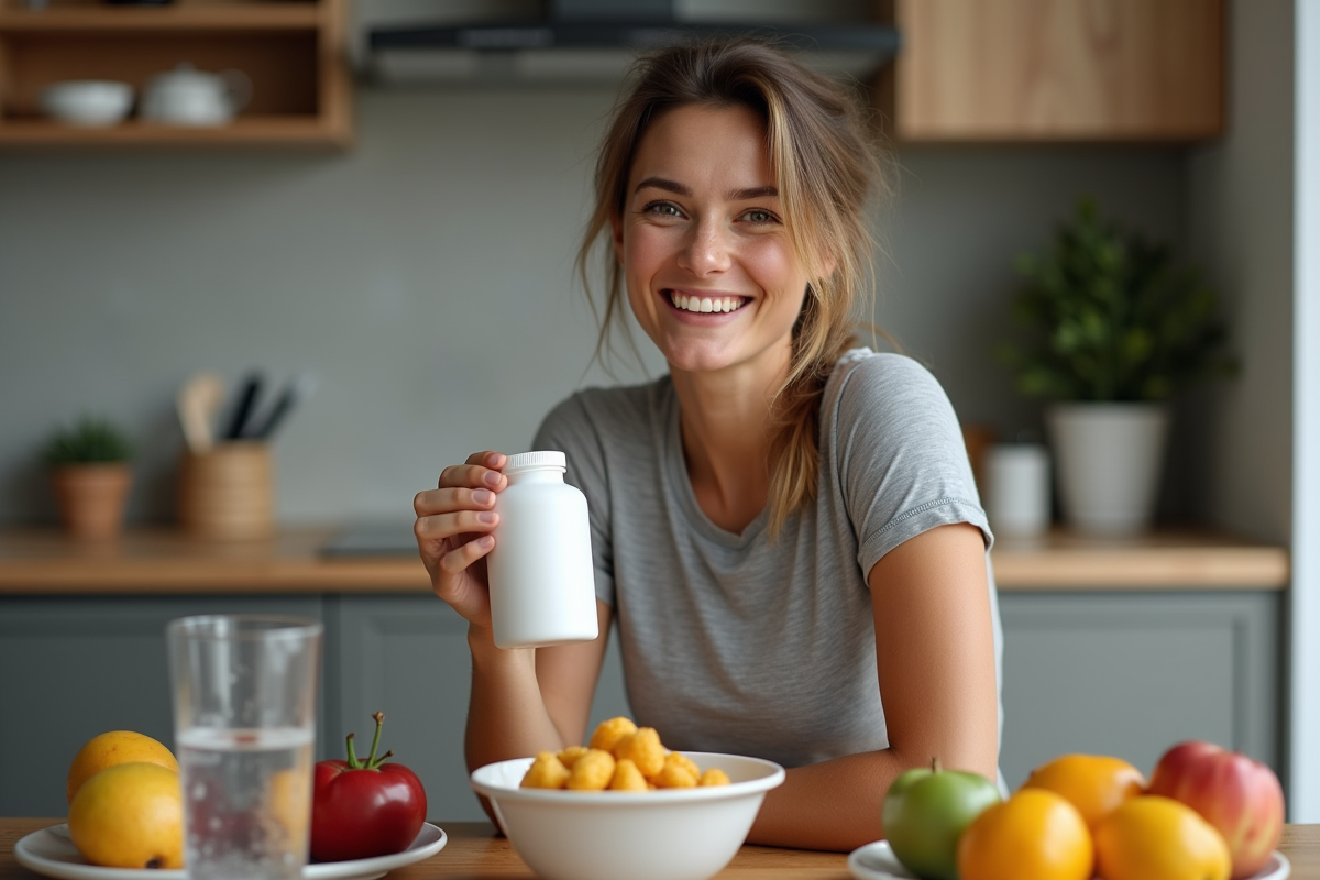 Femme sportive tenant un complément alimentaire naturel
