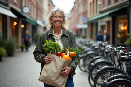 Femme souriante avec sac en toile et v&eacute;lo en ville