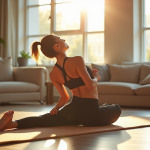 Femme faisant des étirements doux sur un tapis de yoga dans un salon lumineux