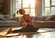 Femme faisant des étirements doux sur un tapis de yoga dans un salon lumineux