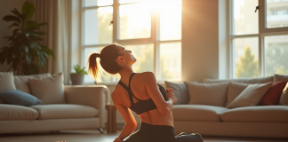 Femme faisant des étirements doux sur un tapis de yoga dans un salon lumineux