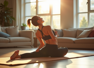 Fessalgie : comment prévenir et soulager cette douleur ? Femme faisant des étirements doux sur un tapis de yoga dans un salon lumineux