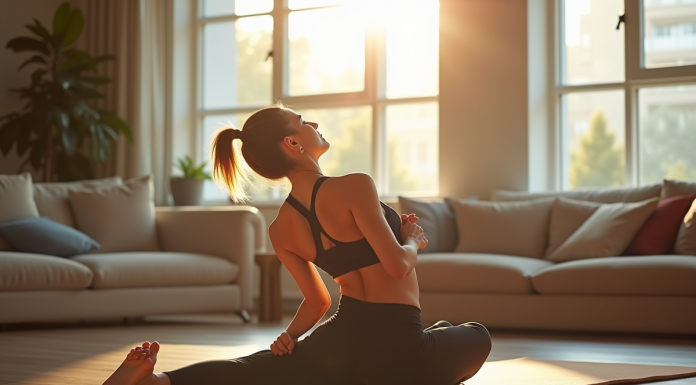 Femme faisant des étirements doux sur un tapis de yoga dans un salon lumineux
