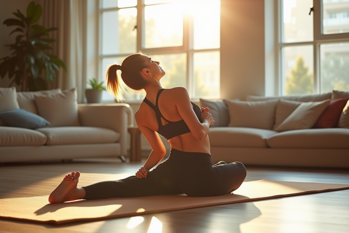femme-yoga-relaxation Femme faisant des étirements doux sur un tapis de yoga dans un salon lumineux