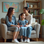 Enfant : qui consulter pour un suivi professionnel et adapté à ses besoins ? Fille de 7 ans avec sa mère dans un cabinet de conseil