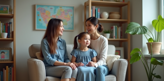 Fille de 7 ans avec sa mère dans un cabinet de conseil