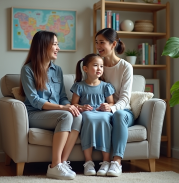 Fille de 7 ans avec sa mère dans un cabinet de conseil
