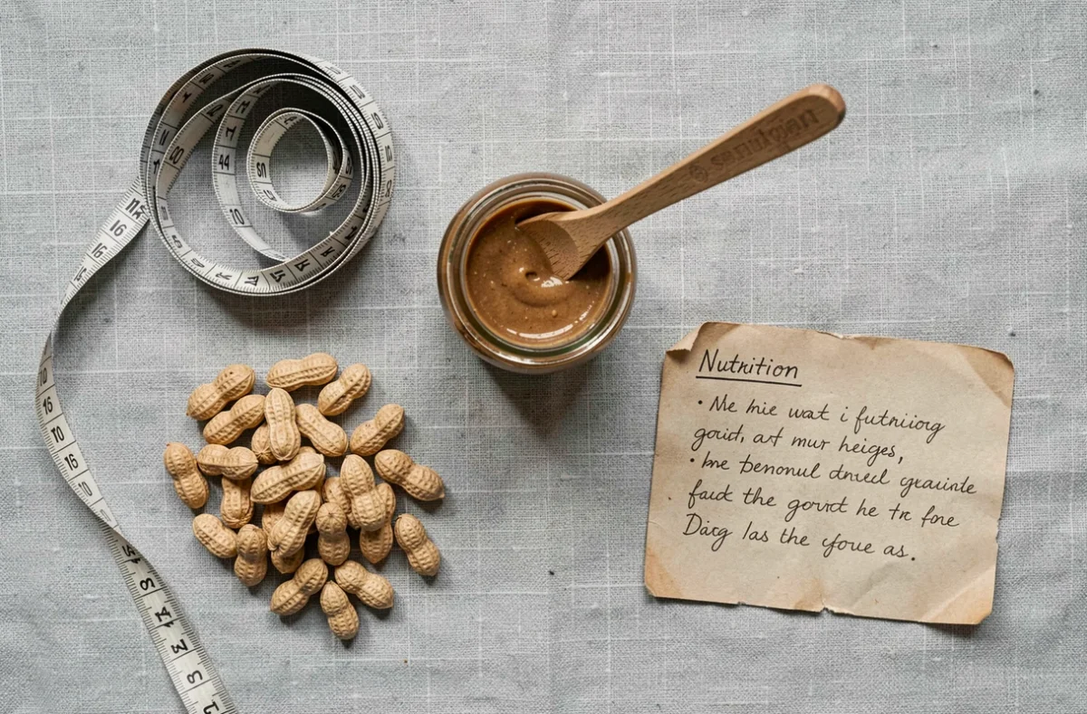 Flat lay diététique avec beurre de cacahuète, cacahuètes entières et mètre ruban sur fond lin gris pour illustrer un régime minceur équilibré