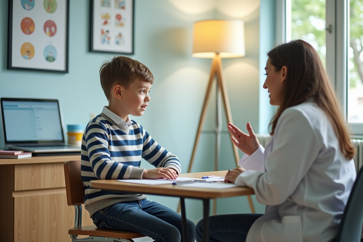 Garçon de 9 ans avec un pédiatre dans une clinique lumineuse