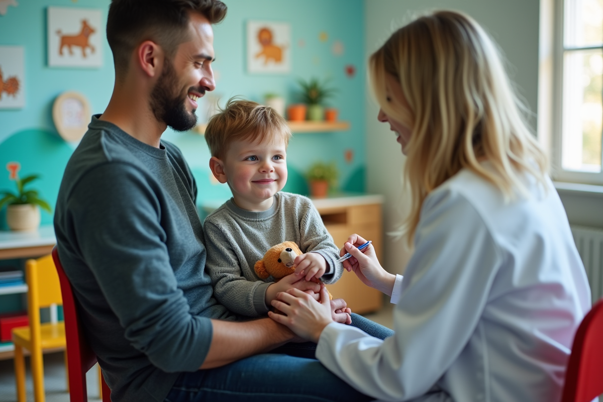 Garçon recevant un vaccin avec son père dans un cabinet pédiatrique