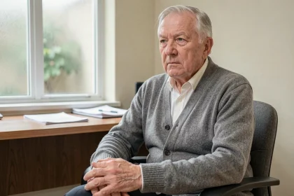 Portrait d'un homme âgé en consultation médicale, visage serein et déterminé, évoquant le courage face à la maladie