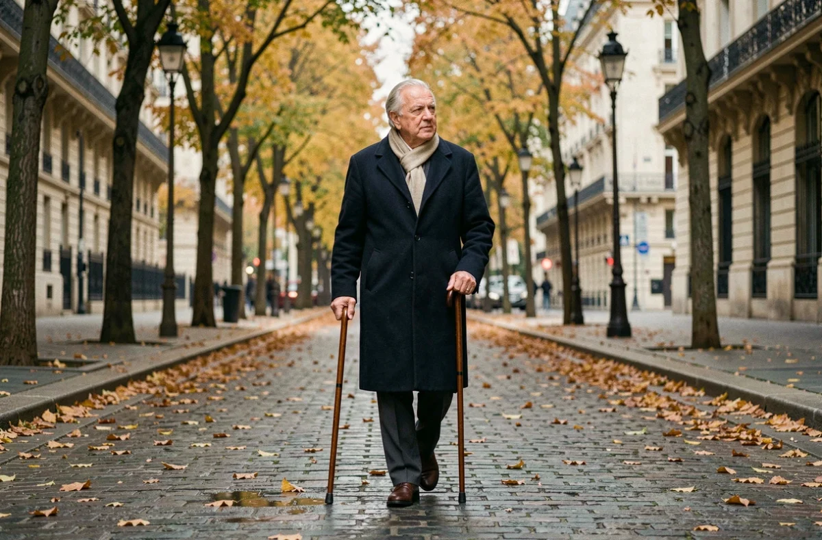 Homme âgé marchant avec une canne sur un boulevard parisien en automne, symbolisant la résilience face à l'âge et à la maladie
