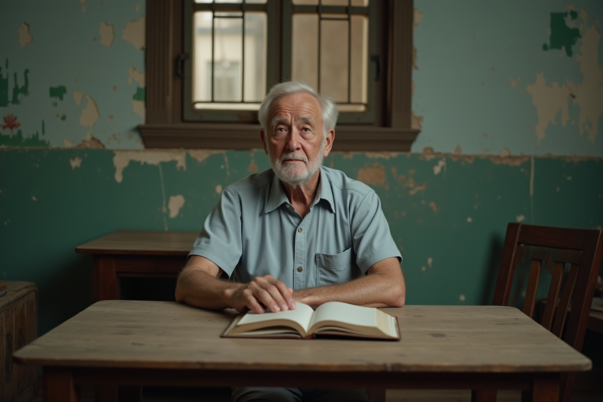 Homme âgé lisant un livre dans une pièce ancienne