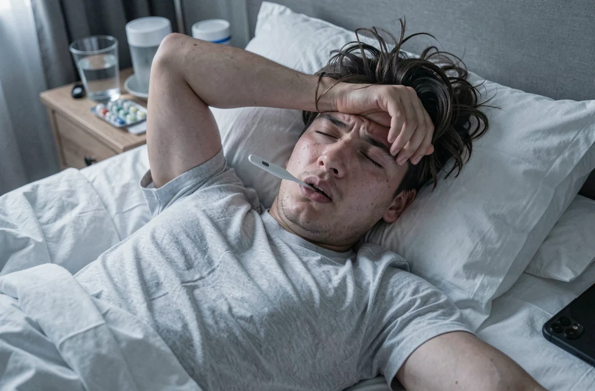 Jeune homme alité avec thermomètre et médicaments sur la table de nuit durant une période d'incubation de la grippe