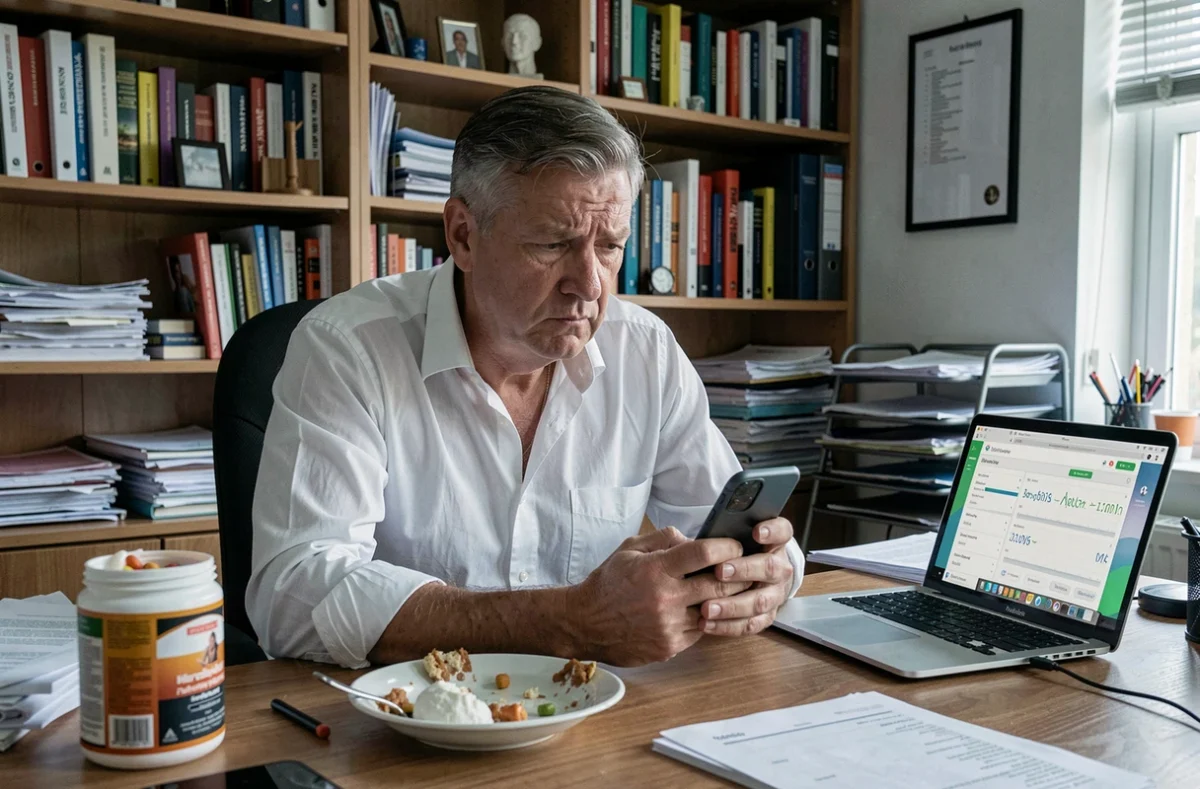 Homme fatigué au bureau à domicile avec un complément minceur ouvert et une alimentation désordonnée, symbolisant les mauvaises habitudes qui freinent les résultats Lumilean