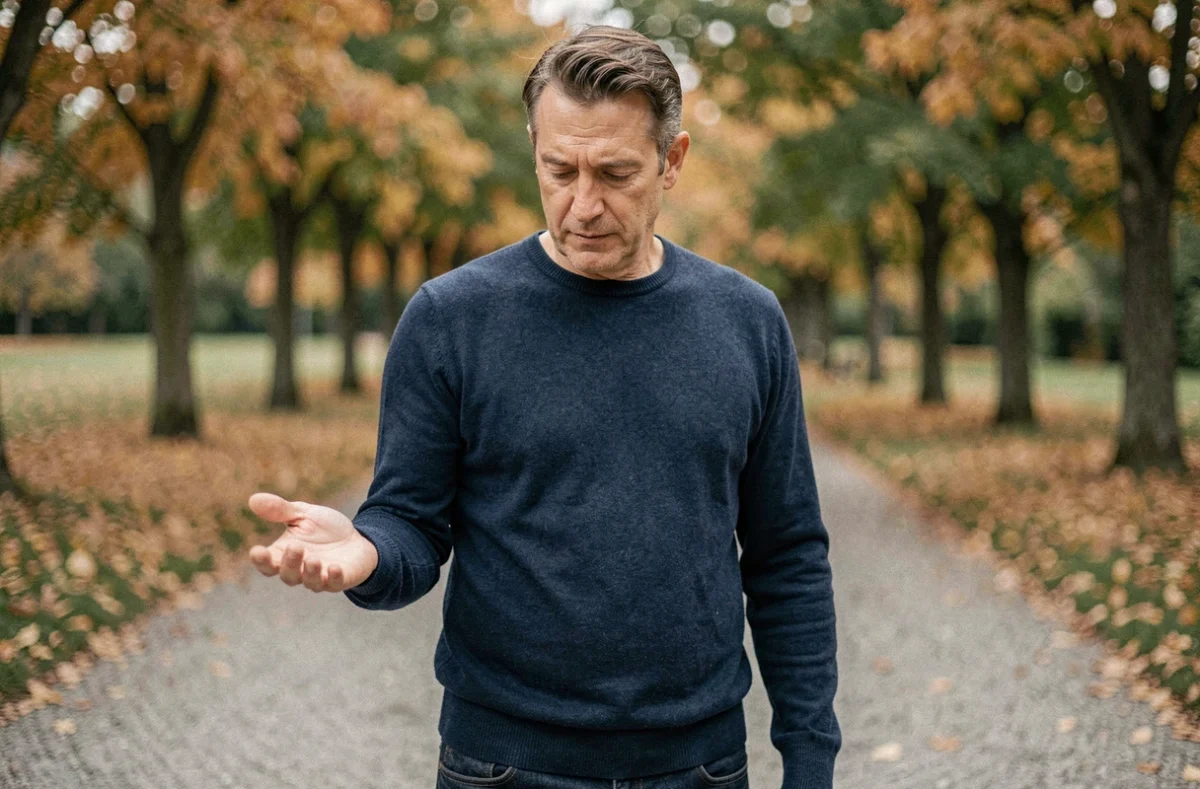Homme contemplant sa paume de main droite ouverte dans un parc en automne, expression méditativе et introspective