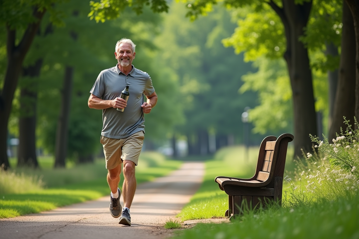 Homme courant dans un parc vert avec bouteille d